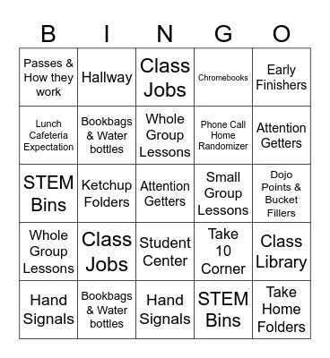 Class Procedures and Expectations Bingo Card