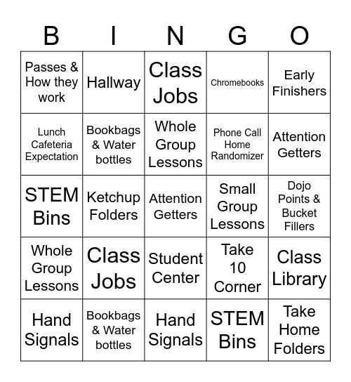 Class Procedures and Expectations Bingo Card