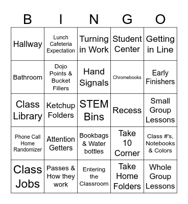 Class Procedures & Expectations Bingo Card