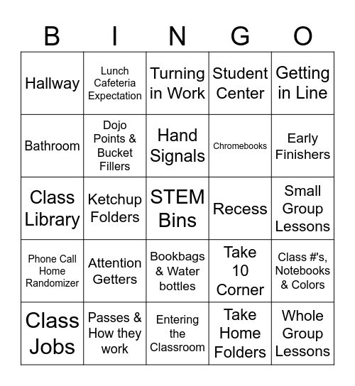 Class Procedures & Expectations Bingo Card