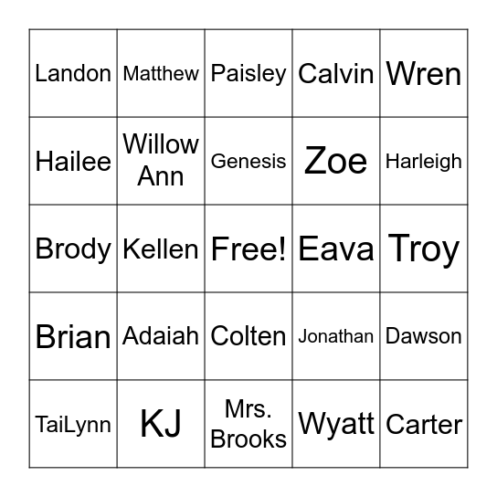 Mrs. Brook's Homeroom Bingo Card
