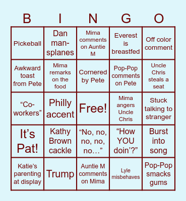 An Afternoon at Auntie M’s Bingo Card