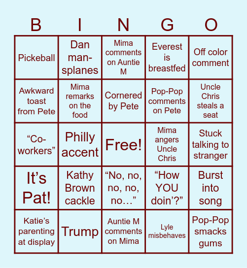 An Afternoon at Auntie M’s Bingo Card