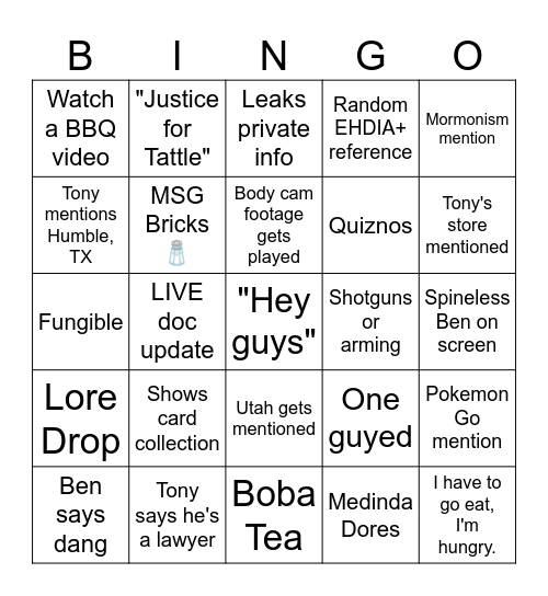 LUS Reckless Ben Bingo Card