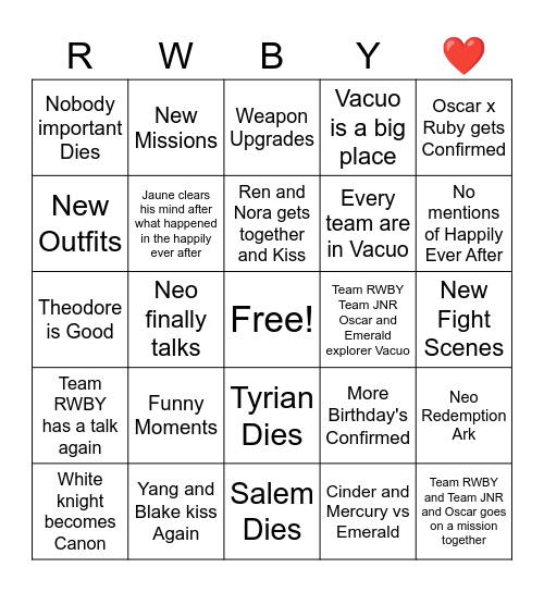 RWBY V10 Bingo Card