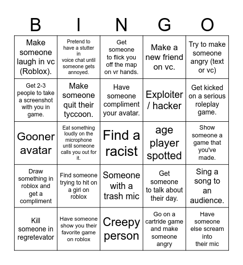 Roblox bingo Card
