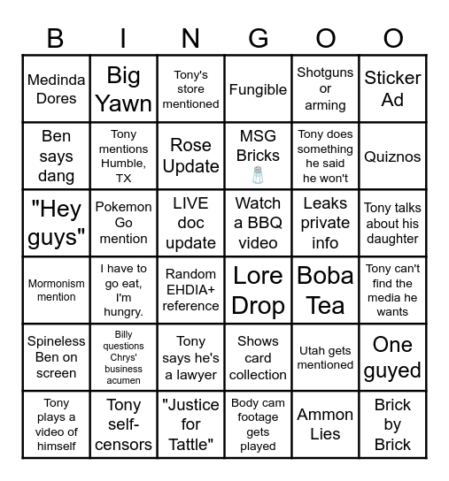 LUS Reckless Ben Bingo Card