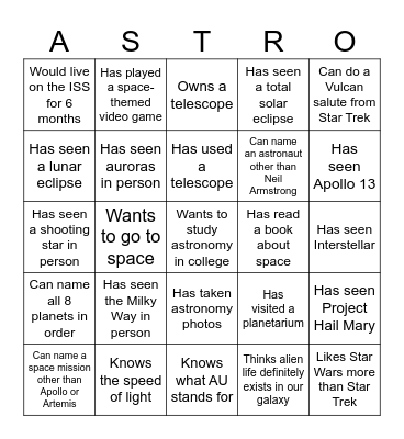 Astronomy Bingo Card