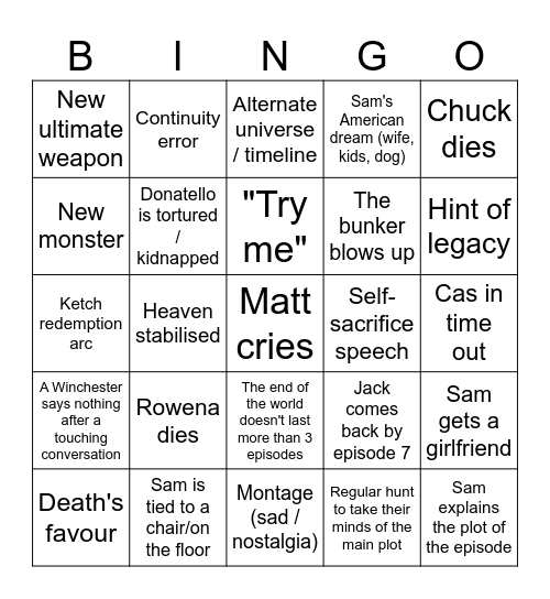 Supernatural Season 15 Bingo Card