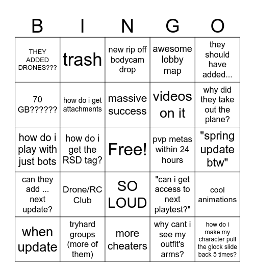 Update Release Reactions Bingo Card
