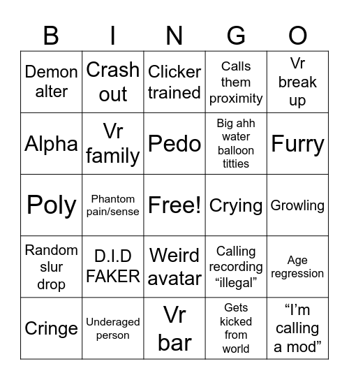 Vr chat Bingo Card