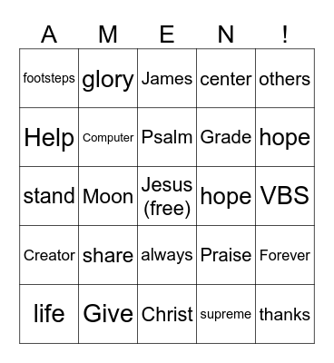 Rainforest Falls VBS Bingo Card