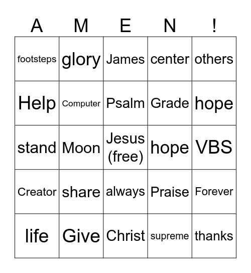 Rainforest Falls VBS Bingo Card