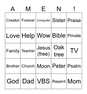 Rainforest Falls VBS Bingo Card