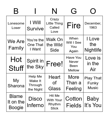 1970s Music Bingo Card