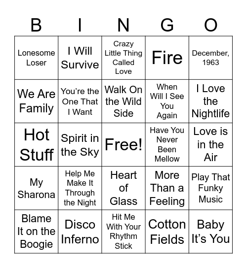 1970s Music Bingo Card