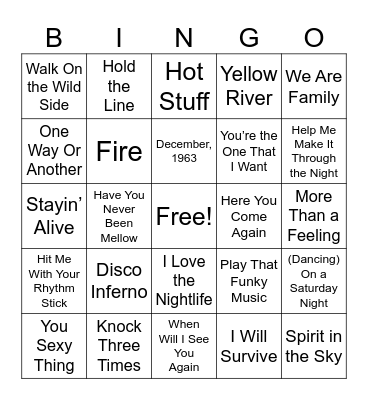 1970s Music Bingo Card
