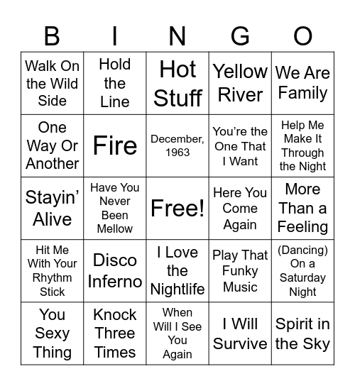 1970s Music Bingo Card