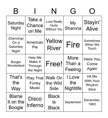 1970s Music Bingo Card