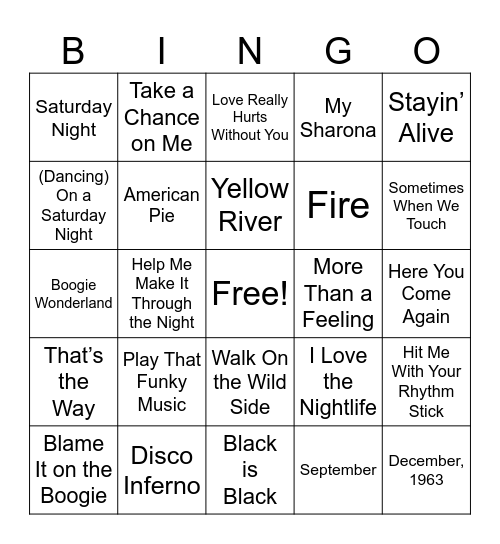 1970s Music Bingo Card