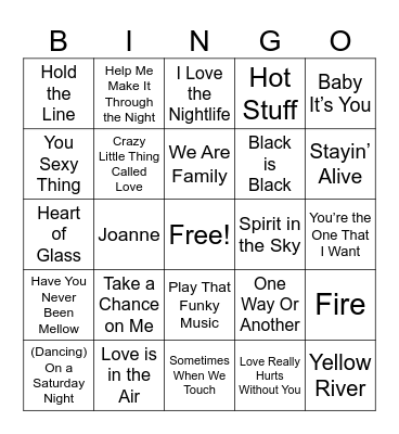 1970s Music Bingo Card