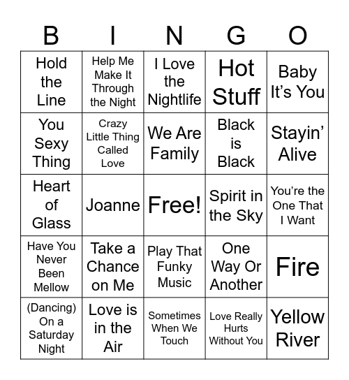 1970s Music Bingo Card