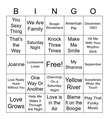 1970s Music Bingo Card