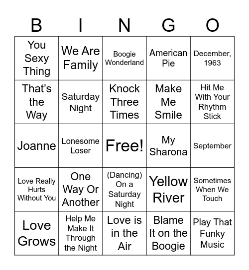 1970s Music Bingo Card