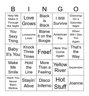 1970s Music Bingo Card