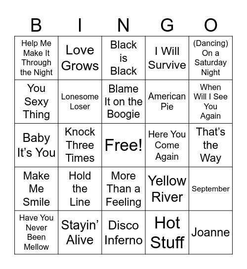 1970s Music Bingo Card