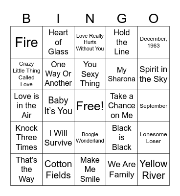 1970s Music Bingo Card