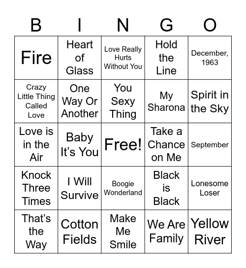 1970s Music Bingo Card