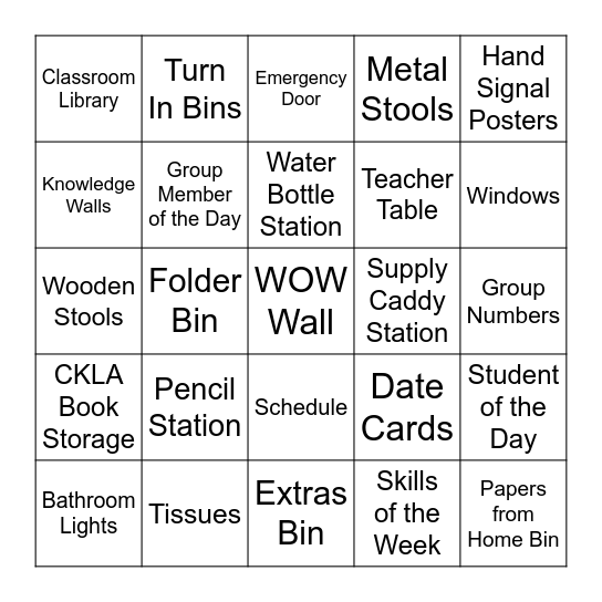 Classroom Bingo Card