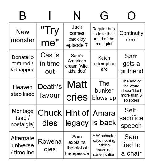 Supernatural Season 15 Bingo Card
