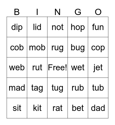 CVC WORD BINGO #2 Bingo Card