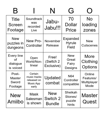 Ocarina of Time Direct 2026 Bingo Card