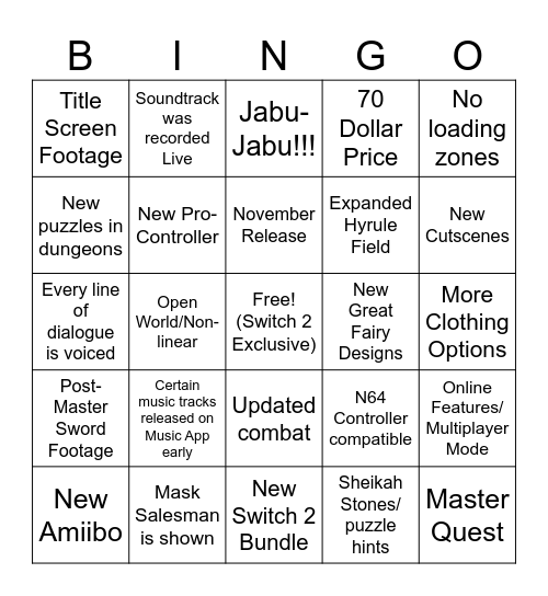 Ocarina of Time Direct 2026 Bingo Card