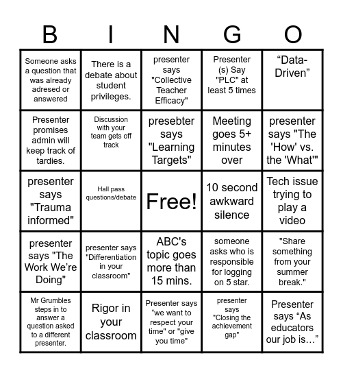 Staff Meeting session 1-2  Bingo Card