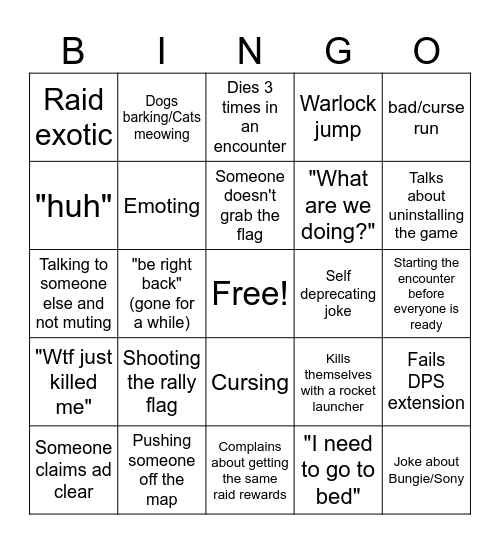 Destiny 2 Bingo Card