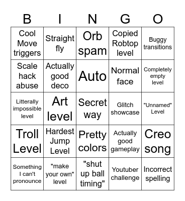 Recent Tab Bingo (Geometry Dash How-D) Bingo Card