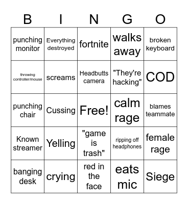 Gamer rage Bingo Card