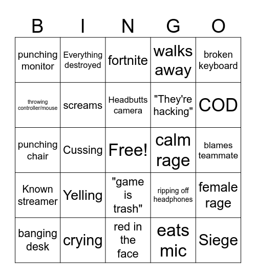 Gamer rage Bingo Card