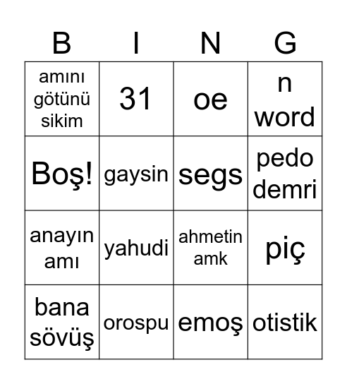 demir sövme bingo Card