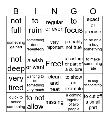 Vocabulary  Bingo Card