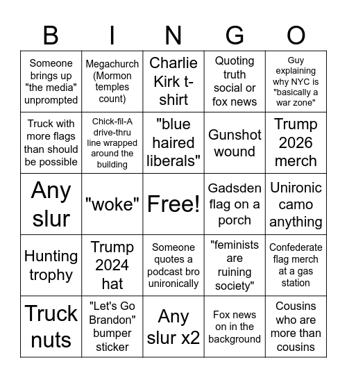 Visiting your republican relatives Bingo Card