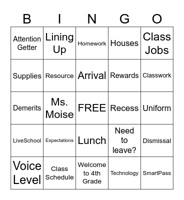 Routines & Procedures Bingo Card