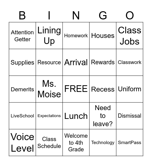 Routines & Procedures Bingo Card