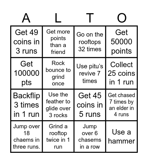 Alto bingo Card