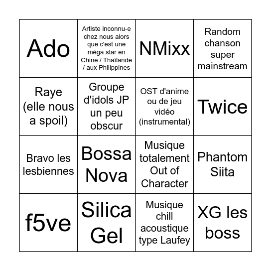 Playlist de Kip Bingo Card