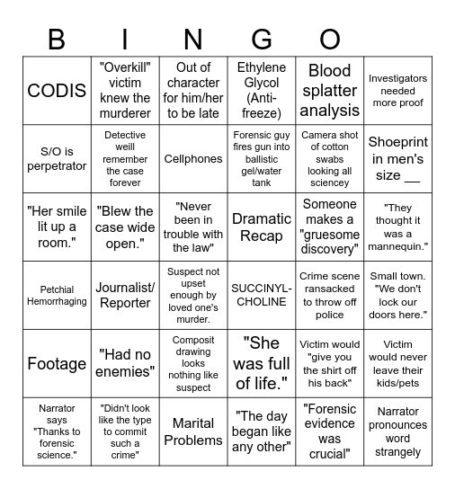 Forensic Files Episode Bingo Card